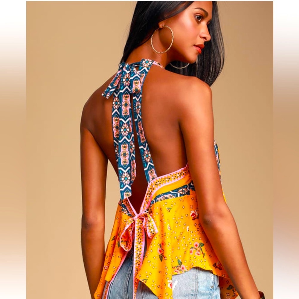 NWT Free People New Wave Yellow Print Halter Tank Top - Picture 3 of 10